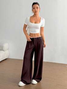 SHEIN Unity Nuevos pantalones rectos de cintura alta con diseño de empalme versátil para ir al trabajo, de color burdeos, que estilizan la figura de las mujeres - Rojo - Ver 4