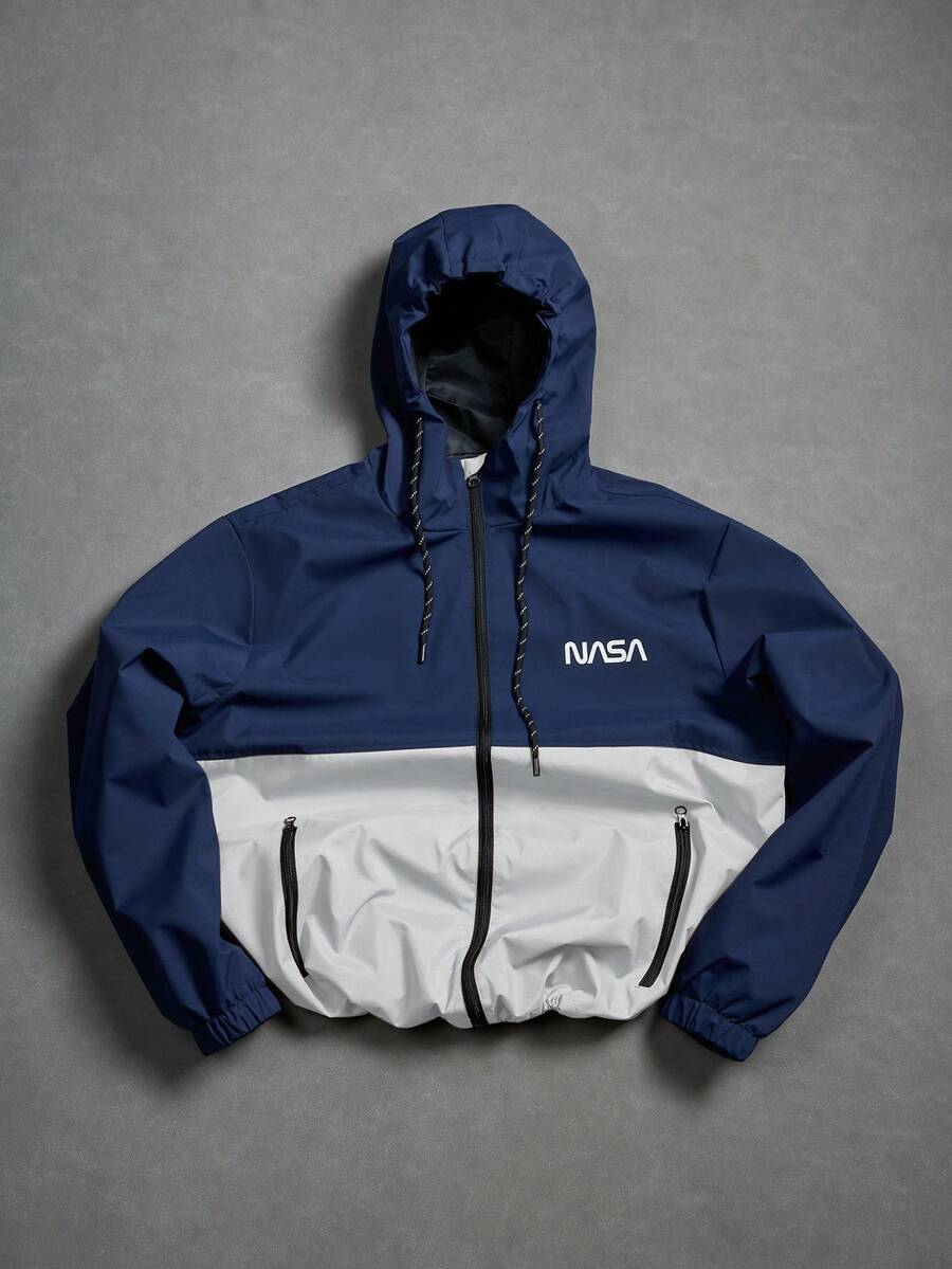 Manfinity Homme 宽松男士长袖双色字母印花抽绳连帽户外防风夹克，秋季款