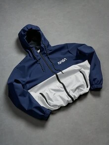 Manfinity Homme 宽松男士长袖双色字母印花抽绳连帽户外防风夹克，秋季款