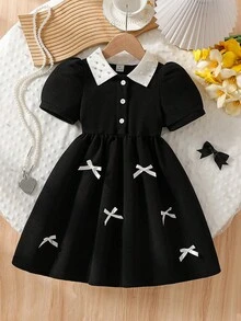 SHEIN Summer Young Girl Dress, Princess Style Beaded Collar Front Button Puff Sleeve Bow Tie Flared Skirt, Chic Party Vacation Fashion Outfit - Black - View 4
