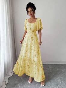 Modelyn Vestido de verano de mujer de estilo francés dulce con manga de murciélago, estampado de mariposa, plisado y de gasa - Amarillo - Ver 6