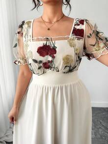 Elenzga Vestido de manga abullonada con cuello cuadrado, cintura ceñida y bordado floral elegante y romántico en malla para mujer de talla grande, para primavera/verano - Blanco - Ver 7