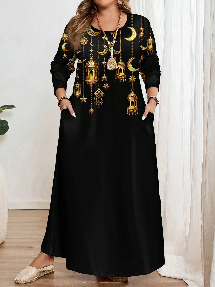 EMERY ROSE Plus Size Printed Long Sleeve Round Neck Dress, Suitable For Party Carnival,Vacation/Summer/Spring - Multicolor - View 1