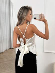 Easowa Áo hai dây satin hở lưng đính nơ mới, thích hợp cho những buổi hẹn hò lãng mạn ngày Valentine, kỳ nghỉ, đi làm và mặc hàng ngày, mùa xuân/hè. - Màu be - Xem 6