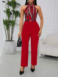 Lyxana 女士优雅印花露背连体裤 - 紅色 - 查看 3