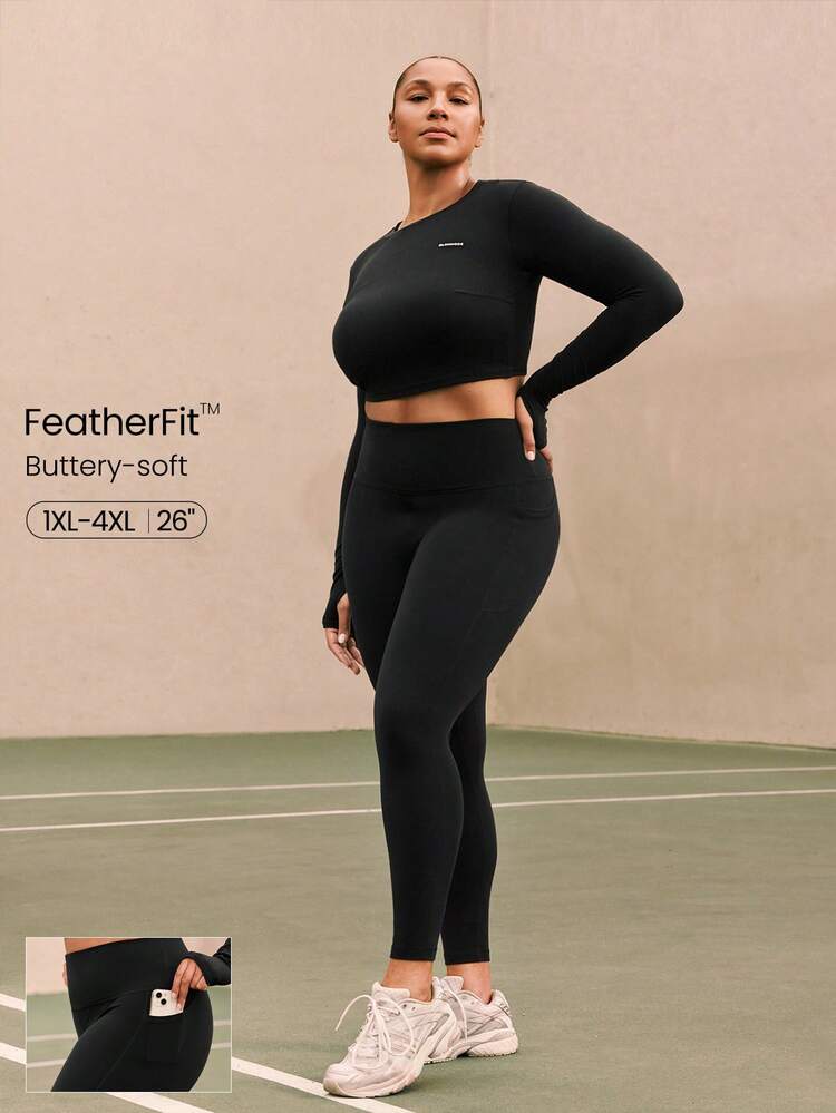 26インチ プラスサイズ FeatherFit™ スタジオ クラッシャー バターのようなソフトサイドポケット ハイウエスト レギンス ヨガ スタジオ デイリーカジュアルウェア