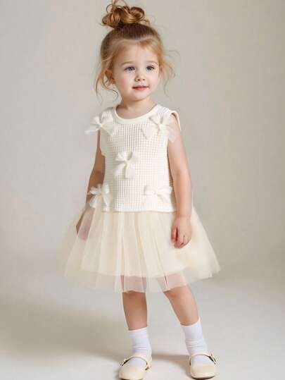 SHEIN 2pcs/Set Baby Girl Spring&Summer Elegant Style Flower Decoration Sleeveless Top&Wesh Short Skirt