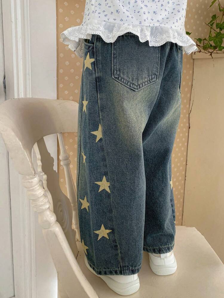 Young Girl Pentagram Pocket Wide Leg Loose Casual Jeans