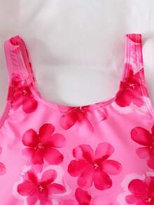 SHEIN Conjunto de traje de baño con estampado floral para niñas preadolescentes, casual para vacaciones en la playa - Rojo - Ver 4