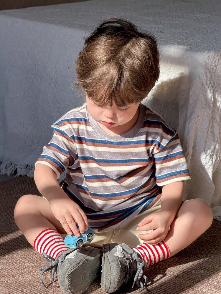 Toddler Boys' Round Neck Striped Casual Short Sleeve Top