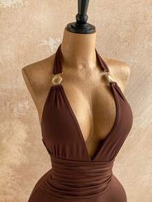 Soleia Trang phục Xuân/Hè mới, phong cách thường ngày, đi nghỉ mát, kiểu miền Tây, dự đám cưới, lễ tốt nghiệp, tiệc brunch, trang phục nữ, ngày lễ Thánh Patrick, kỳ nghỉ xuân, lễ Phục sinh, lễ hội âm nhạc, thanh lịch, phong cách Boho, nhiệt đới, gợi cảm, hở lưng, ngày Valentine, trang trí kim loại, tiệc tùng, cổ yếm, dệt kim, xếp nếp, áo liền quần màu nâu - màu nâu - Xem 5