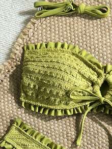 Soleia Bộ đồ đi biển mùa hè dành cho nữ, trang phục thanh lịch, áo tắm đi biển cho nữ, bikini ống màu trơn có bèo nhún, buộc dây phía trước, gợi cảm. - màu xanh lá - Xem 4