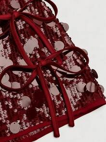 Sweetra Chân váy ngắn chữ A màu trơn đính sequin dành cho nữ, thanh lịch, thích hợp dự tiệc, hẹn hò, dễ thương, có nơ bên hông, phù hợp cho mọi mùa, mùa hè, màu đen. - Màu Đỏ Sâu - Xem 6