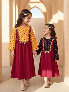 SHEIN Long-Sleeved Floral Print Sequin Abaya Arabic Muslim Young Girls Dresses Fitted Waist - Multicolor - View 4