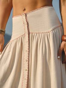WESTFADE Mid Waist Back Button Front Contrast Stitch Smocked Back Linen Blend Flowy Maxi Skirt - Apricot - View 4