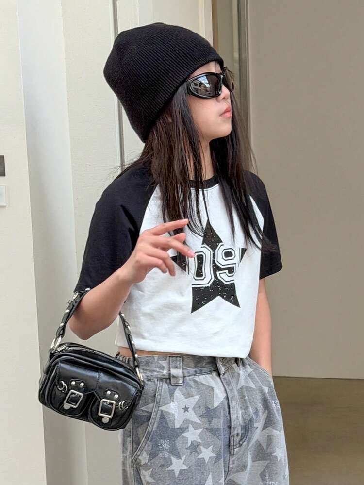 Tween Girls' Round Neck Printed Short Sleeve Casual T-Shirt