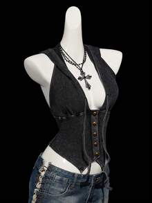 SHEIN ICON 女士时尚街头风前扣抽绳连帽背心，夏季 - 黑色 - 查看 7