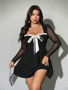 Viva Relle Plus Size Women Knit Patchwork Mesh Sexy Bow Decor Dress - Black - View 1
