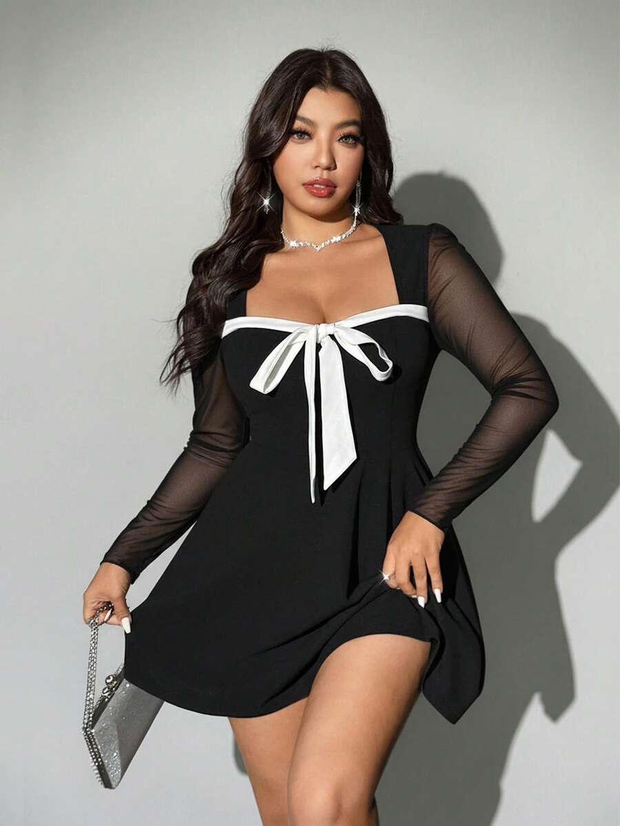 Viva Relle Plus Size Women Knit Patchwork Mesh Sexy Bow Decor Dress - Black - View 1