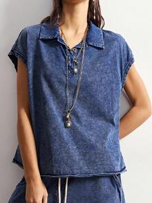 Bohemela 波西米亚风度假情人节音乐节休闲纯色针织开襟宽松水洗女式T恤 - 藍色 - 查看 6