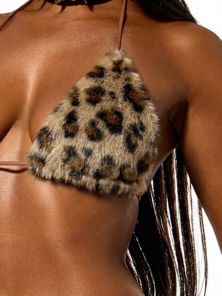 SUMWON WOMEN Faux Fur Leopard Print Bralette Top