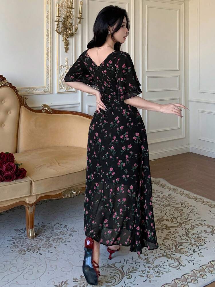 Women's Elegant Floral V-Neck Ruffle Sleeve Dress, Summer Wedding Guest Dress Easter Sundress Boho