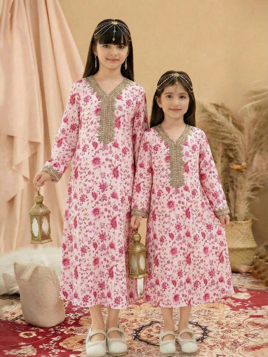 SHEIN 少女碎花长袖宽松休闲连衣裙 - 粉色 - 查看 1