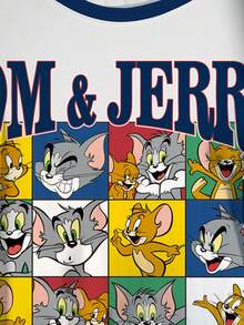 TOM & JERRY X SHEIN 加大码夏季休闲撞色卡通字母图案短袖T恤 - 白色 - 查看 5