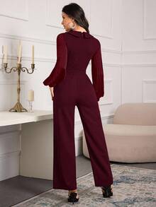Modelyn Women's Solid Color V-Neck Rhinestone Decor Pleated Jumpsuit With Lantern Sleeves, Fashionable For Dates And Outings - Burgundy - View 2