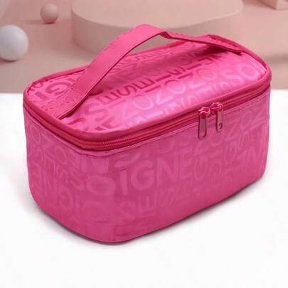 Bolsa de maquillaje para mujer de gran capacidad, organizador de cosméticos de viaje, estuche con cremallera portátil para almacenamiento de artículos de tocador | Diseño de letra simple, organizador de maquillaje cuadrado con soporte para brochas | Regalo para mujer, esencial de viaje, bolso de mano