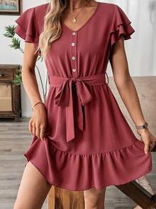 Selamara Women's Solid Color Ruffle Sleeve Tie Waist Midi Dress - Rusty Rose - View 1