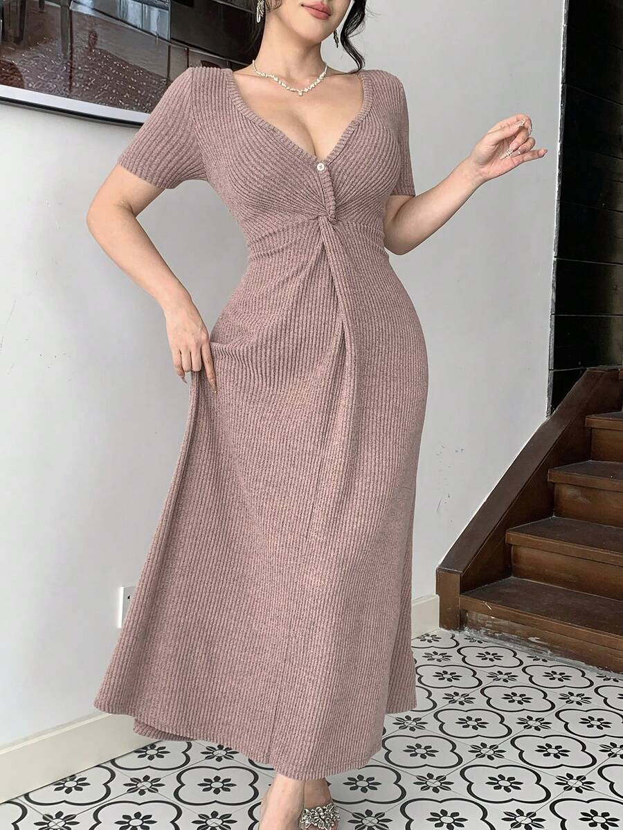 DAZY 女士优雅V领扭结连衣裙，夏季婚礼宾客礼服吊带裙 - 粉色 - 查看 1