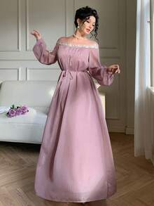 DAZY Elegant Off-Shoulder Midi Dress, Fitted Waist, Shiny Rhinestone Decor, Suitable For Valentine's Day, Wedding, Party, Formal Occasions, Spring/Summer Sundress - Purple - View 6