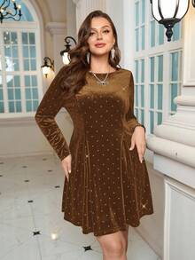 EMERY ROSE Plus Size Women Black Velvet Rhinestone  Round Neck Dress Valentine's Day/Summer/Spring/Vacation - Brown - View 7