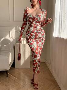 DAZY Spring & Summer Floral Print Elegant Bodycon Midi Dress, Casual Beach Vacation Dress With Twist Design, Suitable For Wedding, Commute