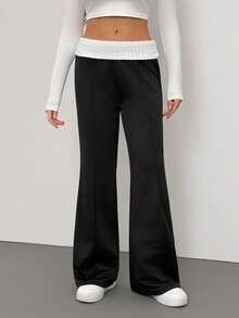 SHEIN Tall Women's Vintage Y2K Rib Knit White Turn-Down Collar Flare Pants, Casual Daily Wear Suitable For Spring/Summer Bell Bottom Pants Black Pants Black Flare Pants Flared Pants Pants Wide Leg - Black - View 3
