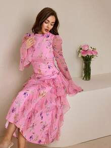 Graceveil Vestido elegante y modesto con estampado floral, volantes en el bajo y cintura con lazo - Rosa - Ver 7