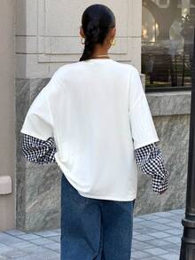 Muchica 撞色街头风针织女式格子印花圆领长袖T恤 - 彩色 - 查看 2