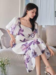 DAZY 女士优雅印花方领荷叶袖长款连衣裙，夏季婚礼宾客礼服 - 紫色 - View 1