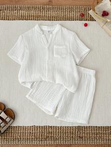 SHEIN 两件套男童休闲简约白色褶皱面料短袖衬衫和松紧腰短裤套装，适合生日派对、锐舞派对、晚宴、演出、婚礼、洗礼等场合。 - 彩色 - 查看 8