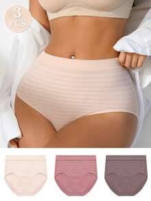 NudeFit 3PCS Women Comfy Stretch High Waisted Striped Seamless Full-Coverage Panties - Multicolor - View 2