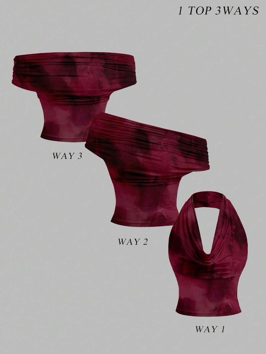 SHEIN MOD Women's Casual Elegant Bodysuit, 3 Ways To Wear, Women's Summer Clothing, Women's Outerwear, Women's Music Festival Outfit, Tie-Dye Print, Angola Red