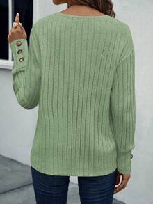 SHEIN LUNE 女士纯色V领落肩长袖休闲罗纹T恤轻薄毛衣，商务休闲女式上衣套头衫，女士套头衫，女士衬衫，新款优雅针织衫 - 綠色 - 查看 2