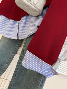 INAWLY Women's Autumn Slogan Print Patchwork Striped Shirt Collar Long Sleeve Casual 2 In 1 Sweatshirt, Christmas - Red - View 6