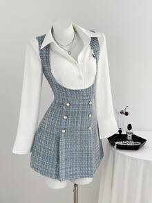 Elamini Women's Elegant Button Design Long Sleeve 2 In 1 Commuter Dress