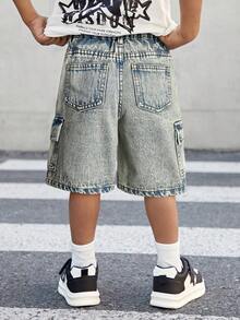 SHEIN Young Boy Street Cool Distressed Stonewashed Loose Fit Dark Grey Denim Cargo Shorts With Multiple Pockets,For Streetwear - Dark Wash - View 2