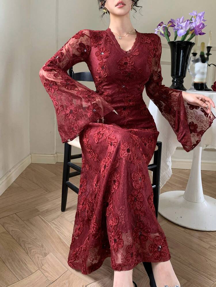 Spring/Summer Lace Long Sleeve Midi Dress, Elegant For Wedding, Party, Formal Occasions, Commuting Sundress
