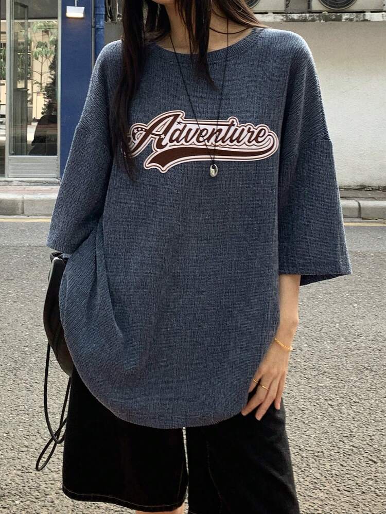 Women's Round Neck Letter Embroidered Casual Loose Fit Commuting Long Sleeve T-Shirt Graphic Tees Women