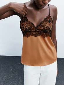 Maija Women's Contrast Color Lace Collar Decor Camisole, Fashionable & Elegant For Urban Commute, Business Casual - Brown - View 6