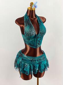 Amplova 2pcs Women Leopard Print Sexy Tie-Dye Halter Top And Ultra Low-Waist Mini Skirt Set - Multicolor - View 5